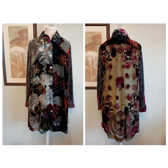 John Mark Size S Tunic Shirt Dress Button Front Long Floral Velvet Sheer Boho - Picture 1 of 15